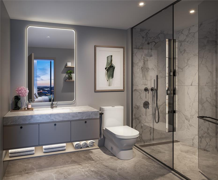 This rendering shows a modern bathroom with a floating vanity, marble surfaces, and glass shower — 1101 E JACKSON STREET UNIT 3315, TAMPA, FL