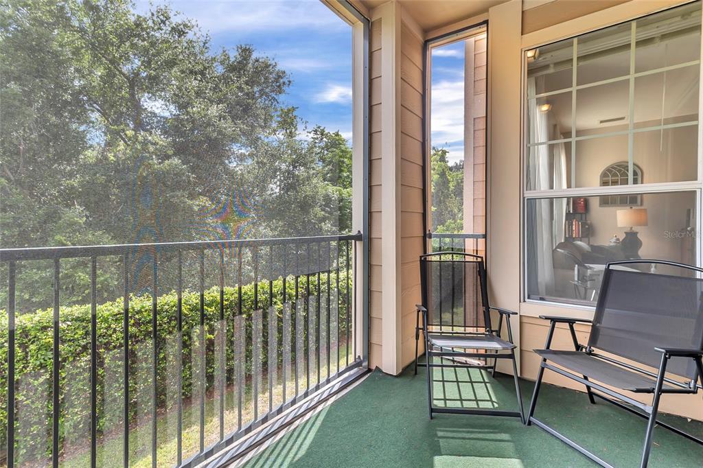 A screened-in balcony features green carpeting, two metal chairs, and a view of trees — 1995 ERVING CIRCLE UNIT 208, OCOEE, FL