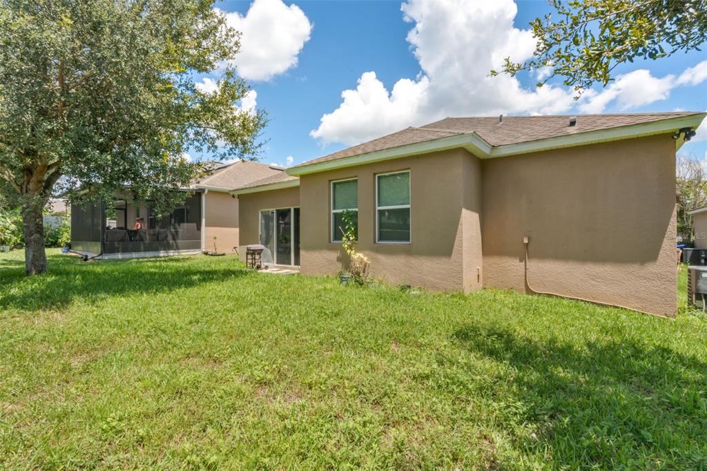 The exterior of a tan stucco house features a backyard with a large tree — 1142 GRAND HILLTOP DRIVE, APOPKA, FL