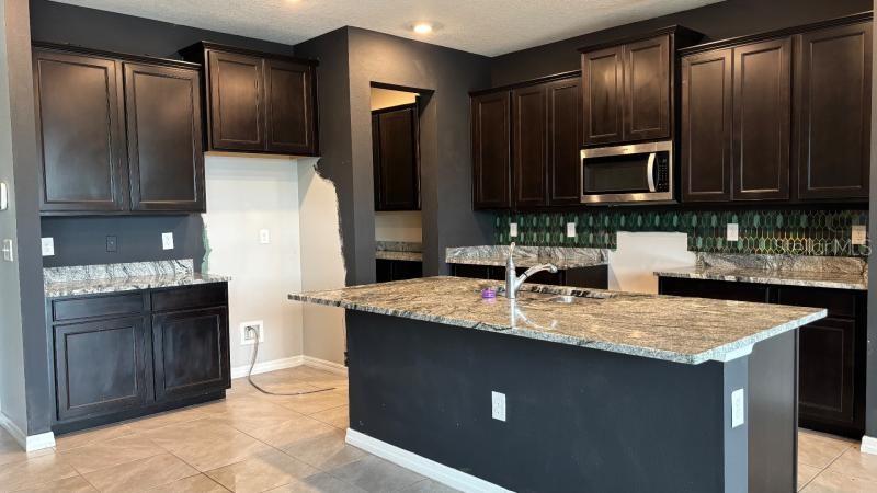 A kitchen features dark cabinets, granite countertops, a central island, and a green tile backsplash — 16453 WOODSIDE GLEN, PARRISH, FL