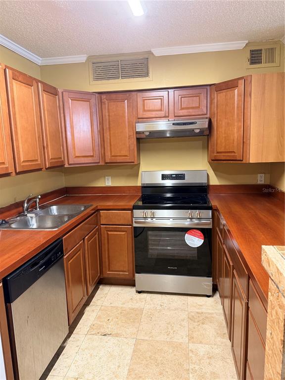 A kitchen features wood cabinets, stainless steel appliances, and wood-look countertops over tile flooring — 345 FORESTWAY CIRCLE UNIT 107, ALTAMONTE SPRINGS, FL