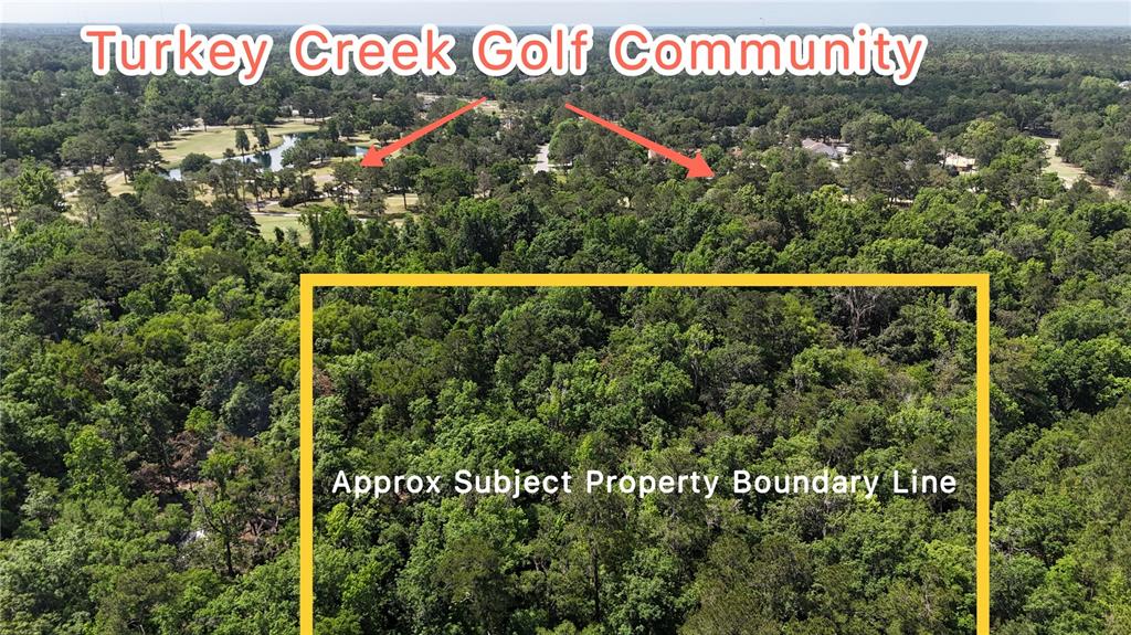 An aerial view shows a wooded lot outlined in yellow near a golf course community — 12100 NW US HIGHWAY 441, GAINESVILLE, FL