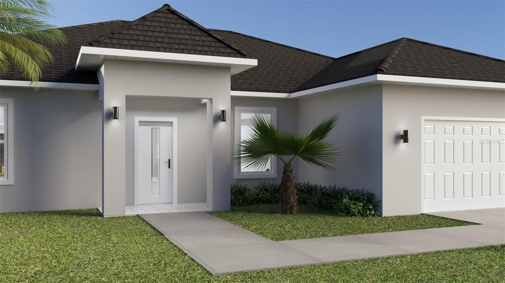 This is a rendering of a single-story house exterior with a white door and garage — 628 LIN ROAD, SEBRING, FL