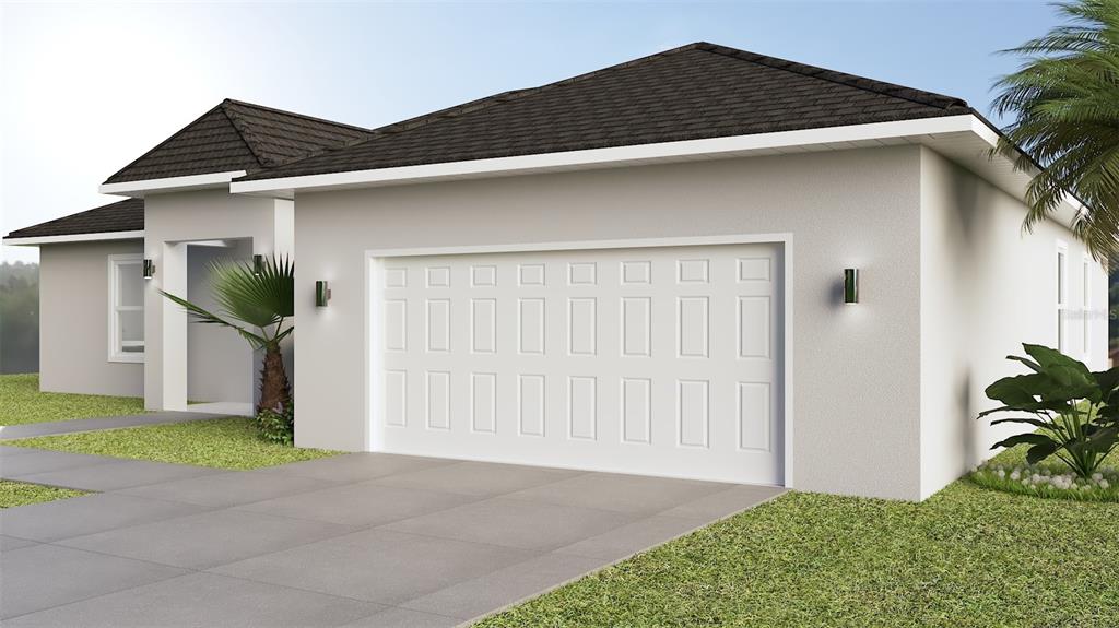 A digital rendering of a single-story house exterior featuring a white garage and gray roof — 628 LIN ROAD, SEBRING, FL