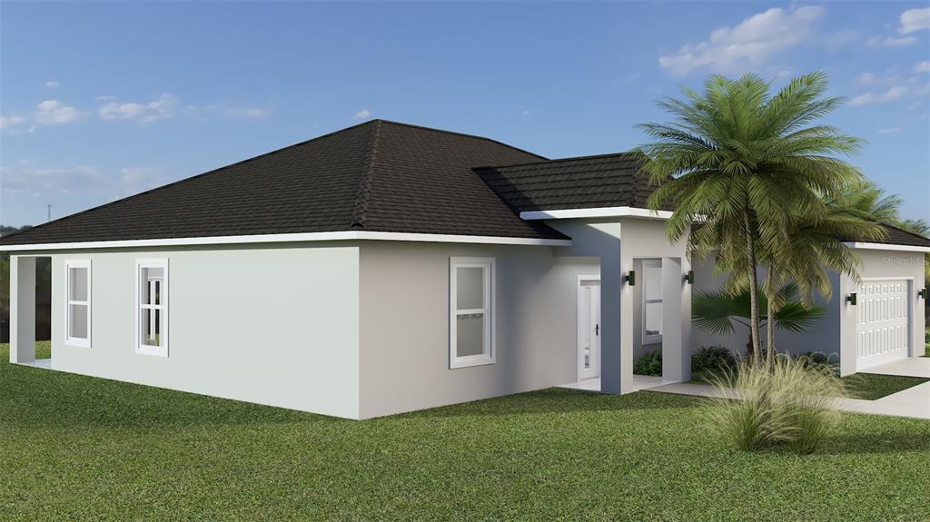 This is a digital rendering of the exterior of a single-story house with a garage — 628 LIN ROAD, SEBRING, FL