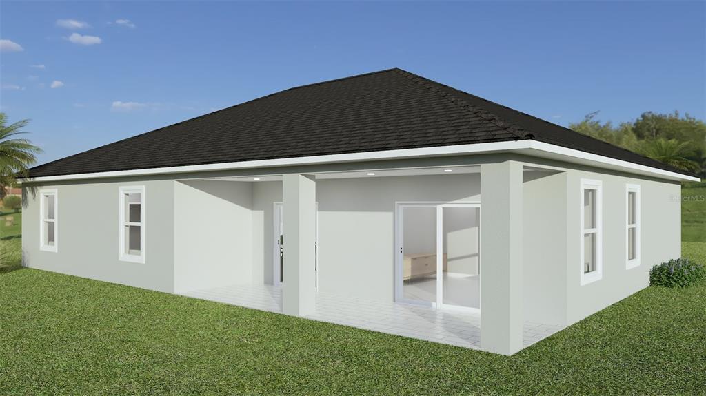A digital rendering of the rear exterior of a house featuring a covered patio — 628 LIN ROAD, SEBRING, FL