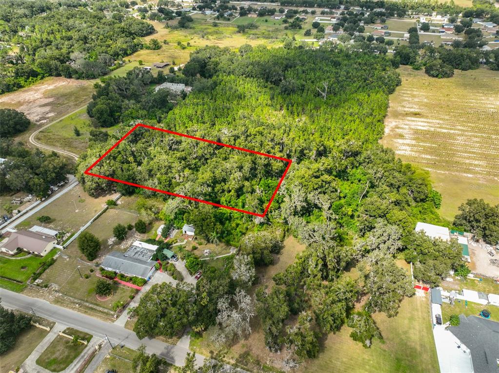 An aerial view shows a rectangular plot of land outlined in red amidst wooded terrain — STARK ROAD, SEFFNER, FL