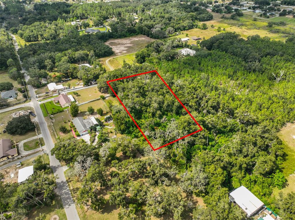 An aerial view shows a rectangular plot of land outlined in red amidst wooded surroundings — STARK ROAD, SEFFNER, FL