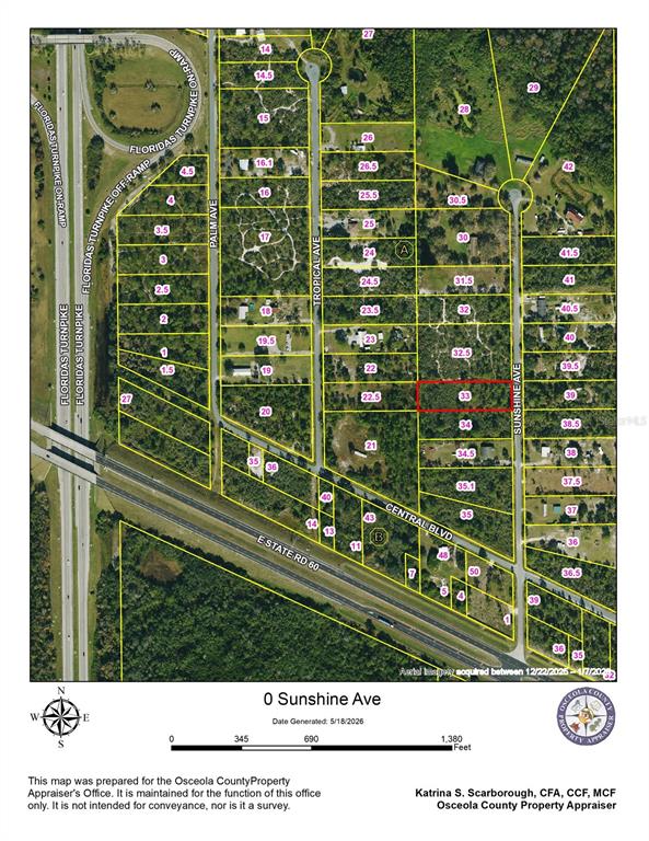 This is a property tax map showing land parcels and road layouts in Osceola County — 0 SUNSHINE AVENUE, OKEECHOBEE, FL