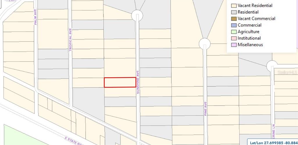 This is a land use map showing a highlighted vacant residential lot on Sunshine Avenue — 0 SUNSHINE AVENUE, OKEECHOBEE, FL
