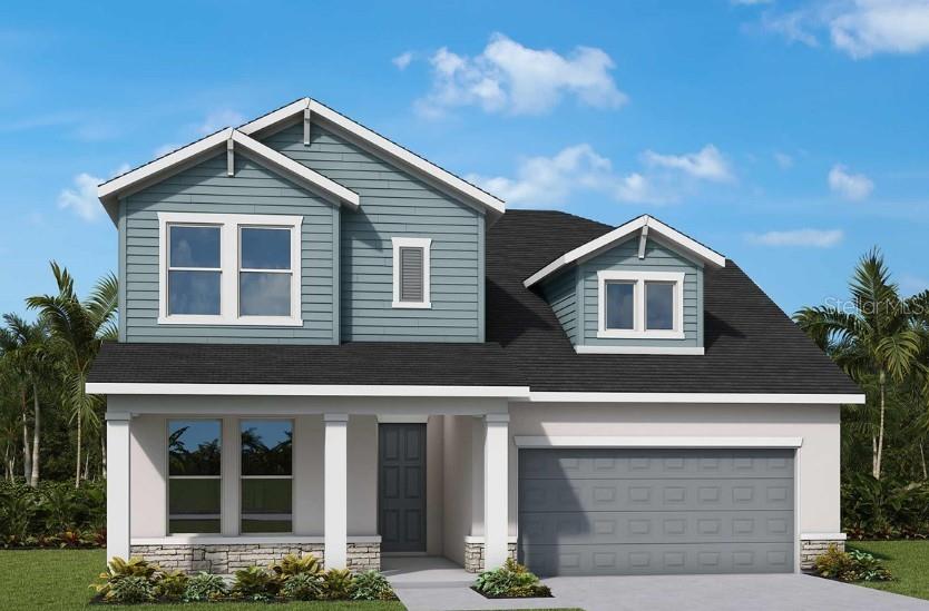A digital rendering of a two-story suburban house with blue siding, a garage, and porch — 5169 SEA BRANCH AVENUE, APOLLO BEACH, FL
