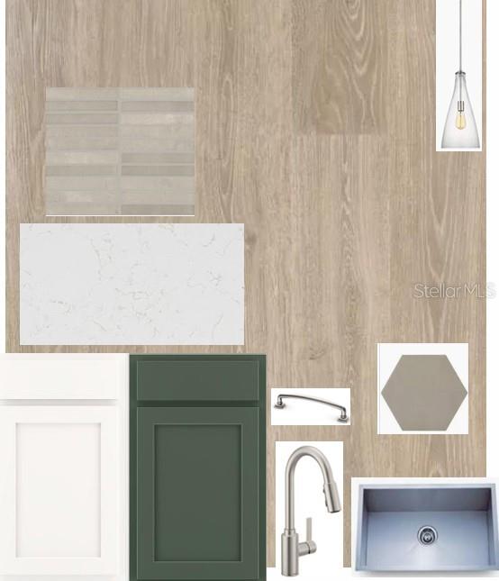 This is a digital design board showing kitchen finish samples, including cabinetry, flooring, hardware, and fixtures — 5169 SEA BRANCH AVENUE, APOLLO BEACH, FL
