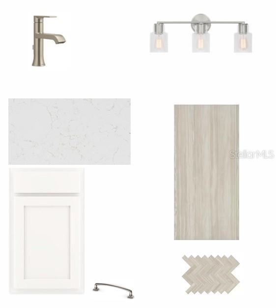 This is a digital rendering of a bathroom design board featuring cabinetry, hardware, and finishes — 5169 SEA BRANCH AVENUE, APOLLO BEACH, FL