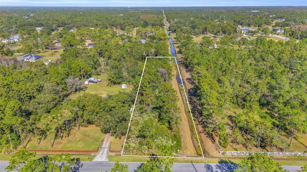 An aerial view shows a rectangular, wooded lot bordered by a canal and a road — QUINLAN STREET, ORLANDO, FL