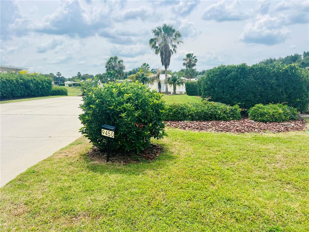 A green bush with a house number sign sits in a grassy front yard — 9450 SE 47TH WAY, WEBSTER, FL