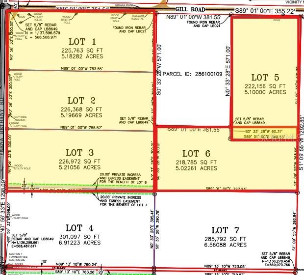 This image is a land survey map showing the layout and dimensions of seven lots — GILL ROAD, MYAKKA CITY, FL