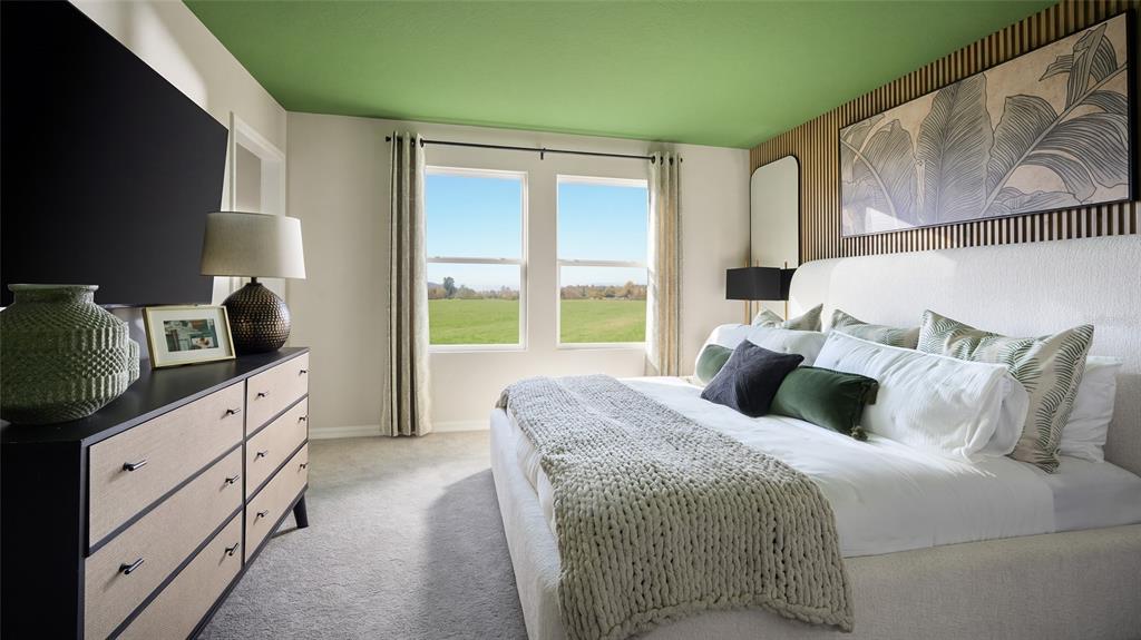 A bedroom features a green ceiling, a white upholstered bed, and a dresser with a television — 9170 BENT BRANCH, DADE CITY, FL