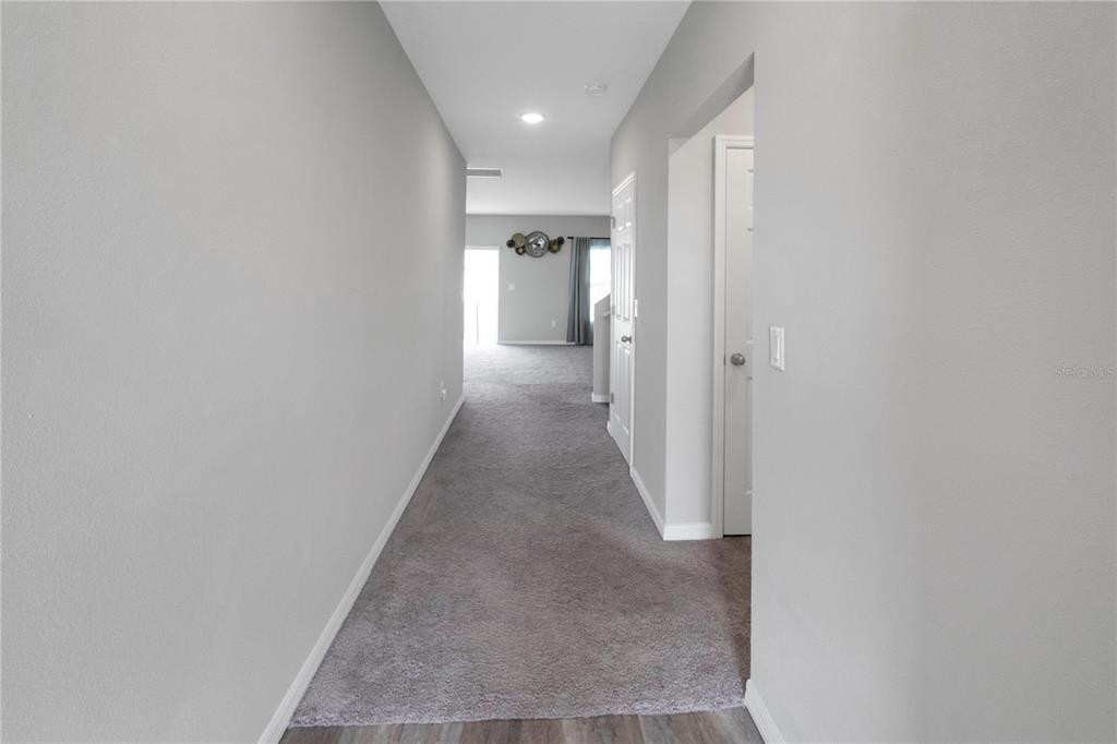 A carpeted hallway leads to an open area with gray walls and white doors — 12737 TANNENCREST DRIVE, RIVERVIEW, FL