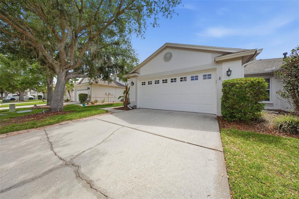 A single-story house with a white garage door, concrete driveway, and a large oak tree — 1902 ECHO POND PLACE, WESLEY CHAPEL, FL
