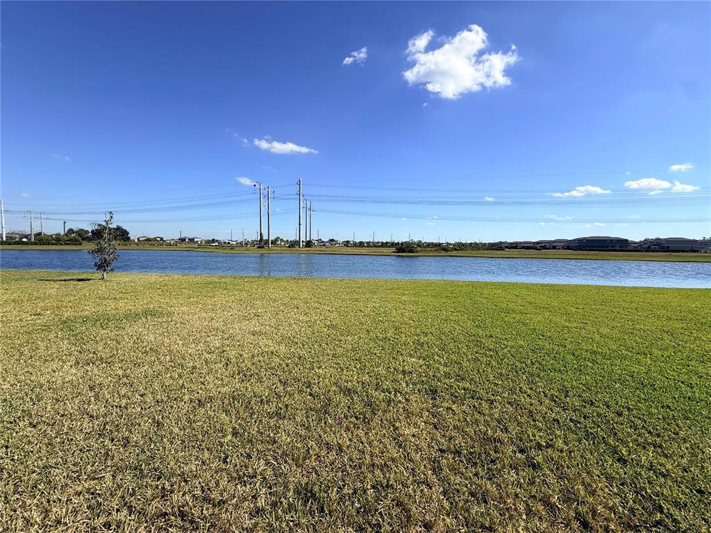 A grassy lawn overlooks a pond with power lines and distant houses in the background — 10062 DAYBREAK GLEN, PARRISH, FL
