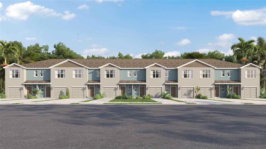 This is a rendering of a multi-unit townhouse building with garages and a paved street — 931 SPOTTED EGRET LOOP, RUSKIN, FL