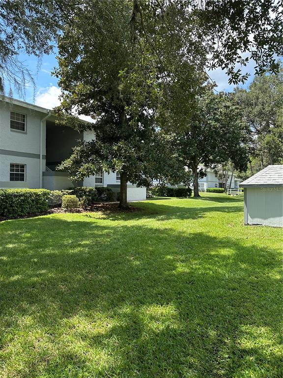 A view of a grassy lawn, large trees, and the exterior of a multi-story building — 584 FAIRWAYS LANE UNIT F202, OCALA, FL