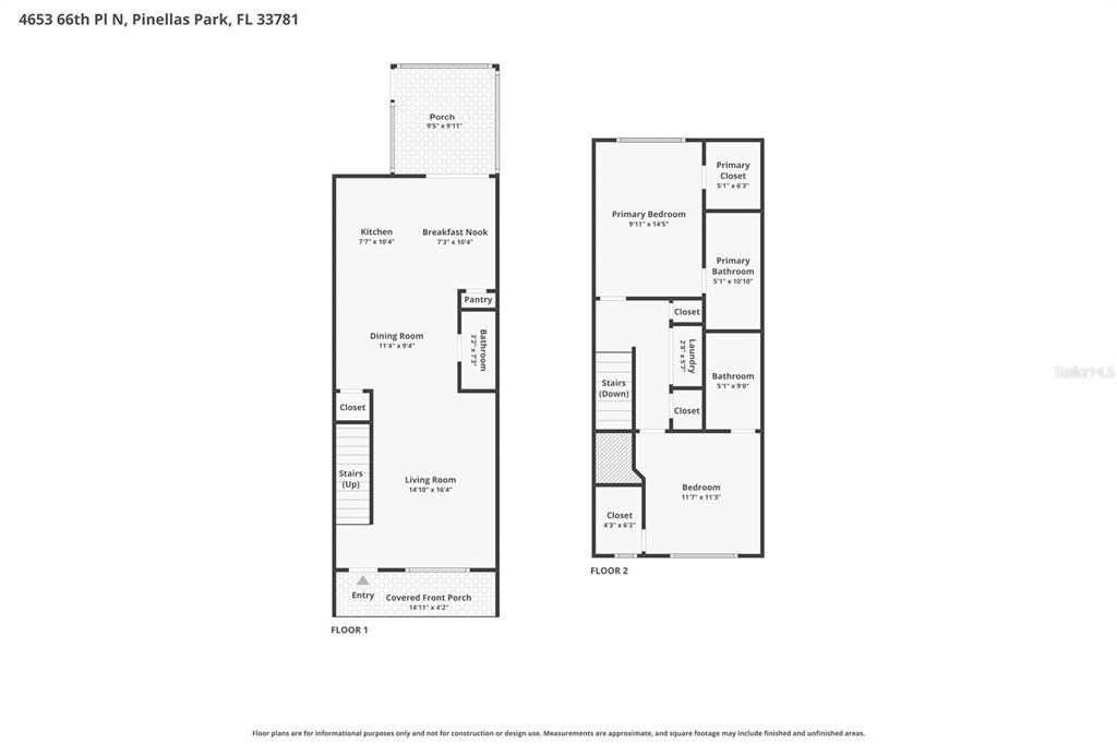This is a two-story floor plan showing the layout of a residential home — 4653 66TH PLACE N, PINELLAS PARK, FL