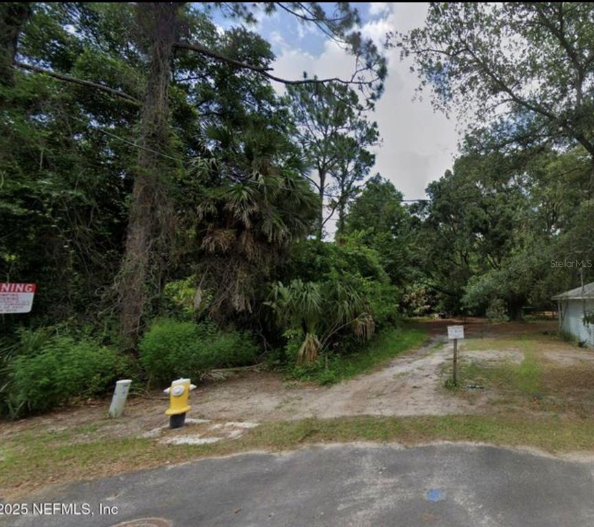 A dirt driveway leads into a wooded lot with a fire hydrant in the foreground — 900 W 3RD STREET, ST AUGUSTINE, FL