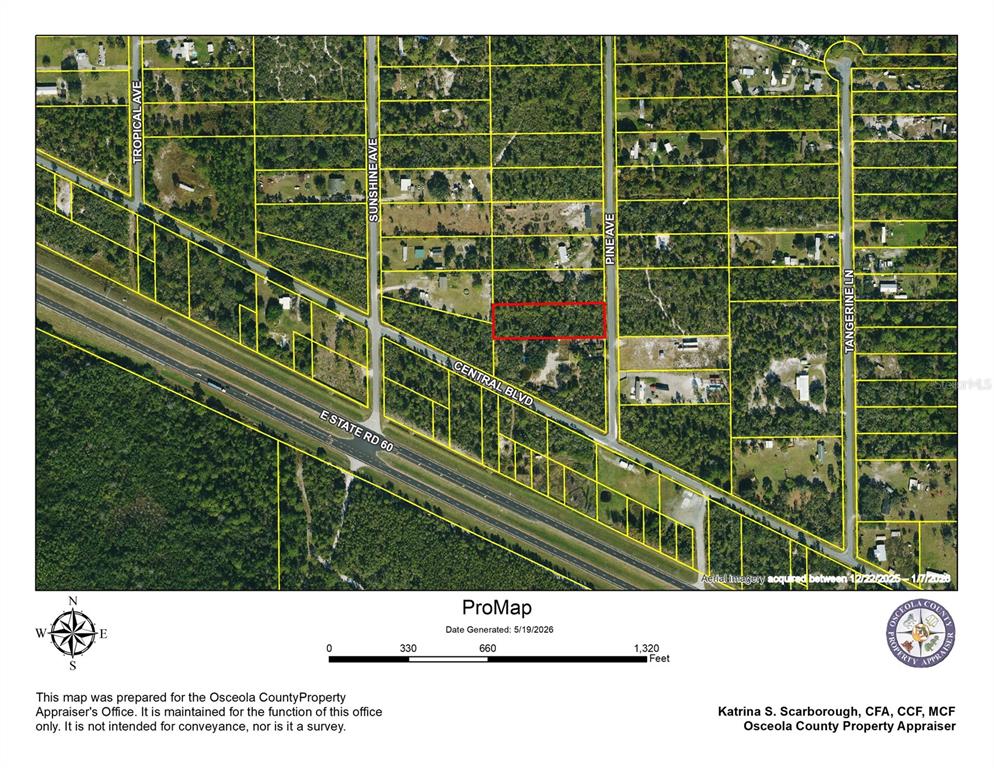 This is an aerial property map showing a highlighted parcel of land near Central Boulevard — 0 PINE AVENUE, OKEECHOBEE, FL