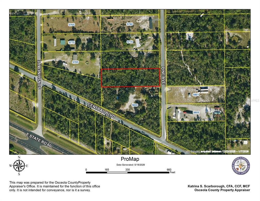 This is an aerial property map showing a rectangular parcel of land outlined in red — 0 PINE AVENUE, OKEECHOBEE, FL