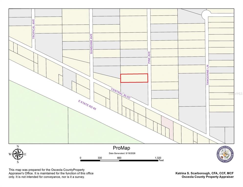 This is a property tax map showing a highlighted parcel of land — 0 PINE AVENUE, OKEECHOBEE, FL