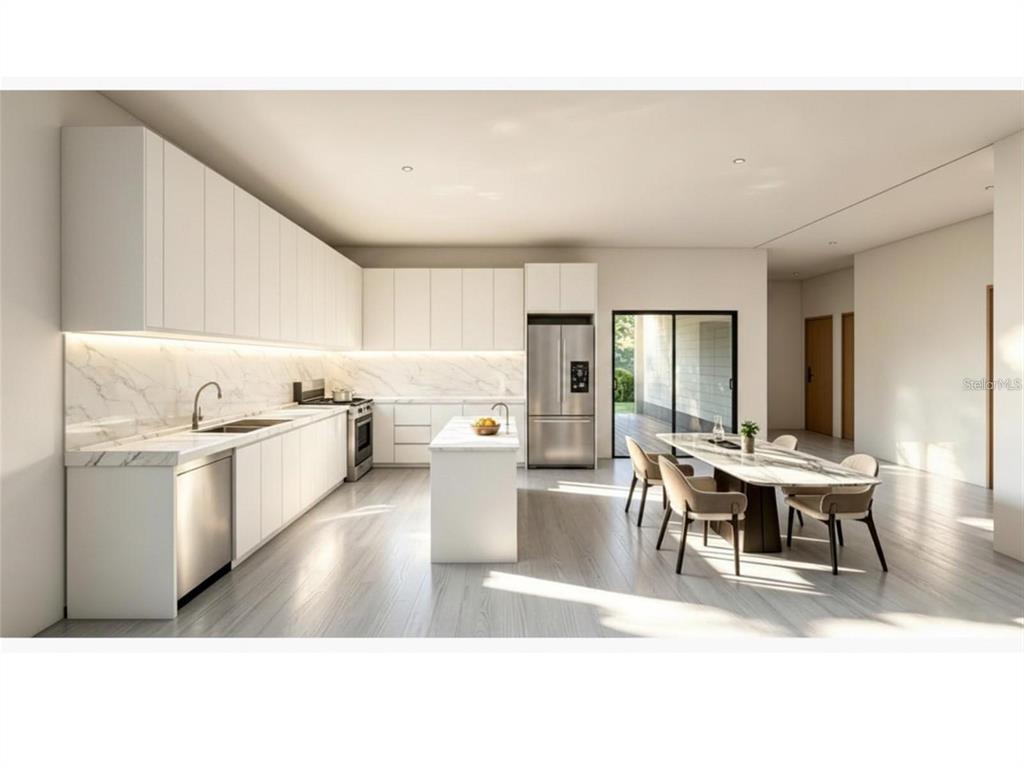 This is a rendering of a modern kitchen with white cabinetry, marble countertops, and dining area — 8158 GEWANT BOULEVARD, PUNTA GORDA, FL
