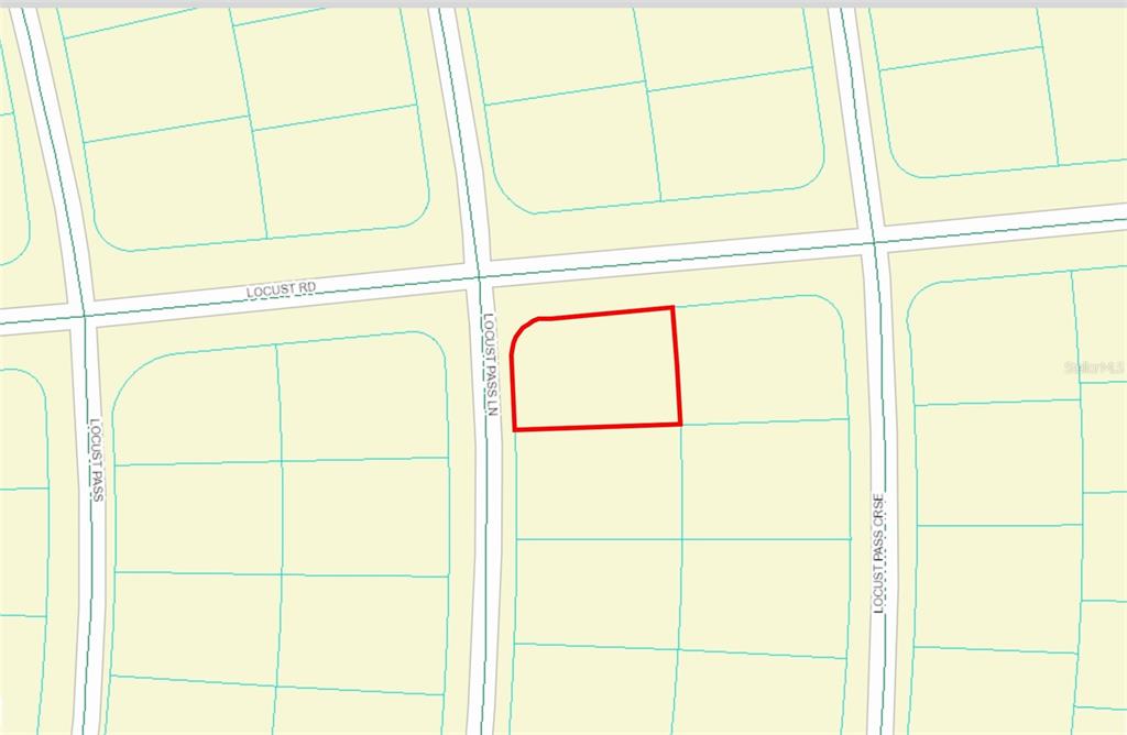 This is a map showing a highlighted parcel of land at a street intersection — lot 19 LOCUST PASS LANE, OCALA, FL