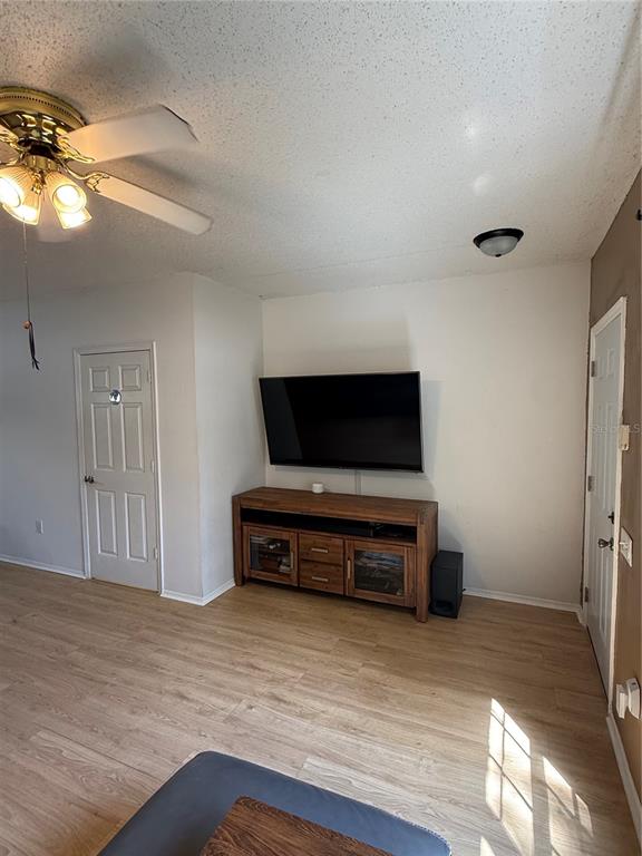 A living room features a wall-mounted television, a wooden media console, and light-colored wood flooring — 30035 GRANDA HILLS COURT, WESLEY CHAPEL, FL