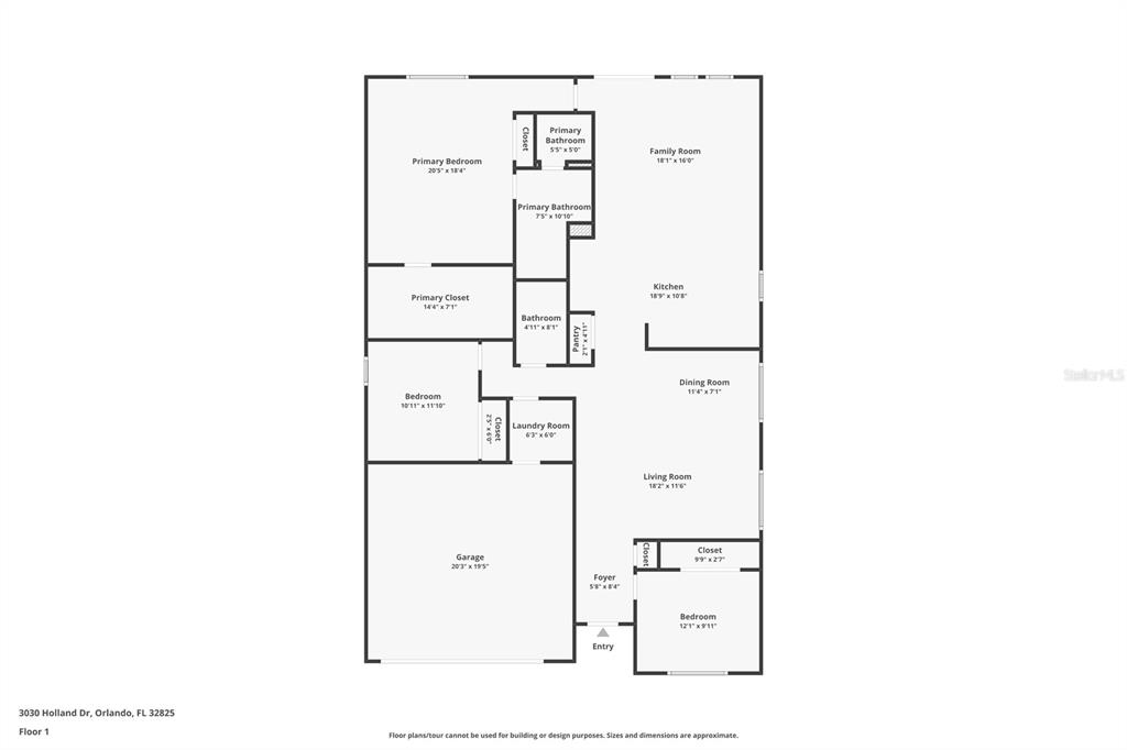 This is a floor plan showing the layout of a single-story residential home — 3030 HOLLAND DRIVE, ORLANDO, FL