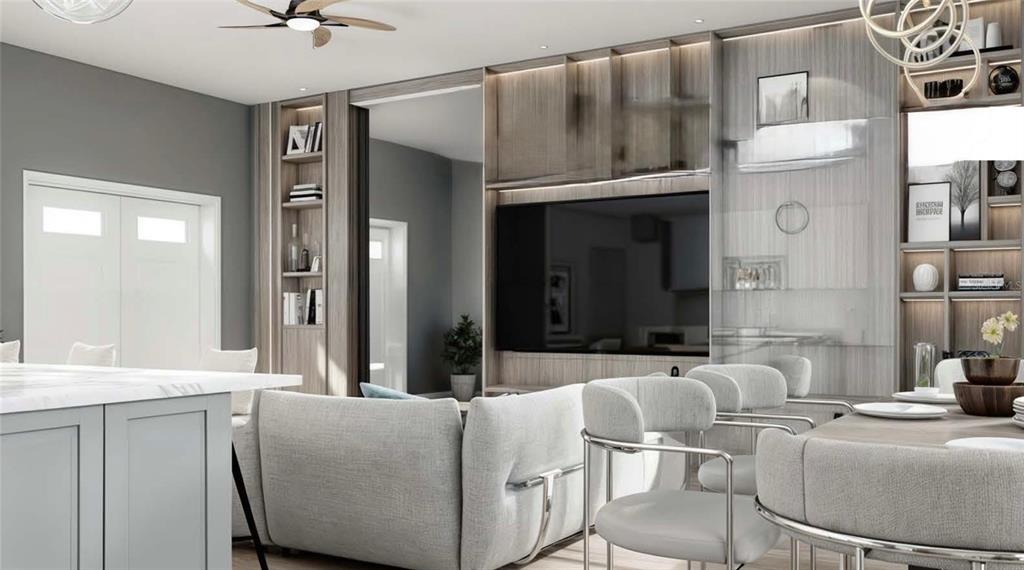 This rendering shows a modern living and dining area with light wood cabinetry and furniture — 12413 HAGFISH COURT, PLACIDA, FL