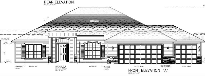 This is an architectural rendering of a house front elevation with a three-car garage — 483 SW BELLFLOWER DRIVE, LAKE CITY, FL