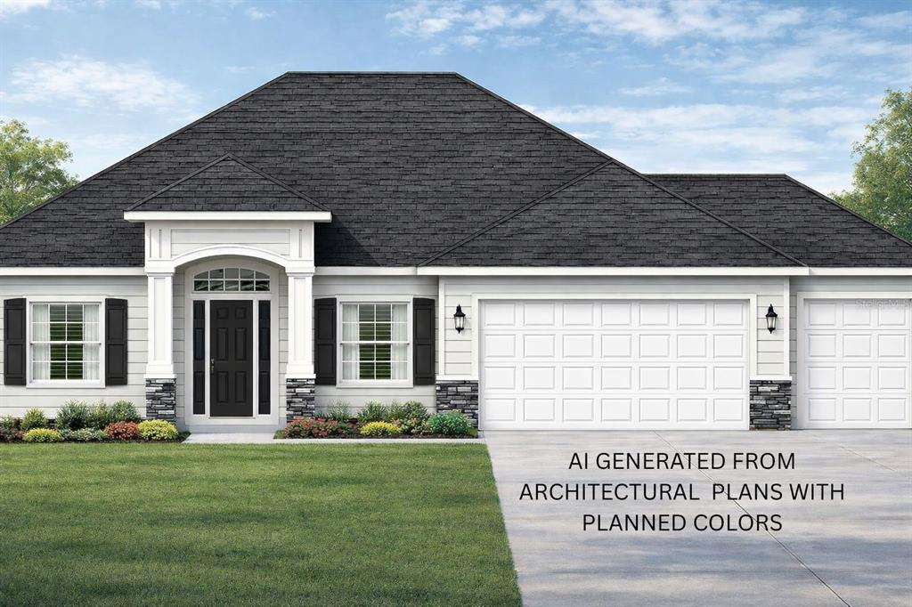 This is a digital rendering of a single-story house with white siding and dark shutters — 483 SW BELLFLOWER DRIVE, LAKE CITY, FL