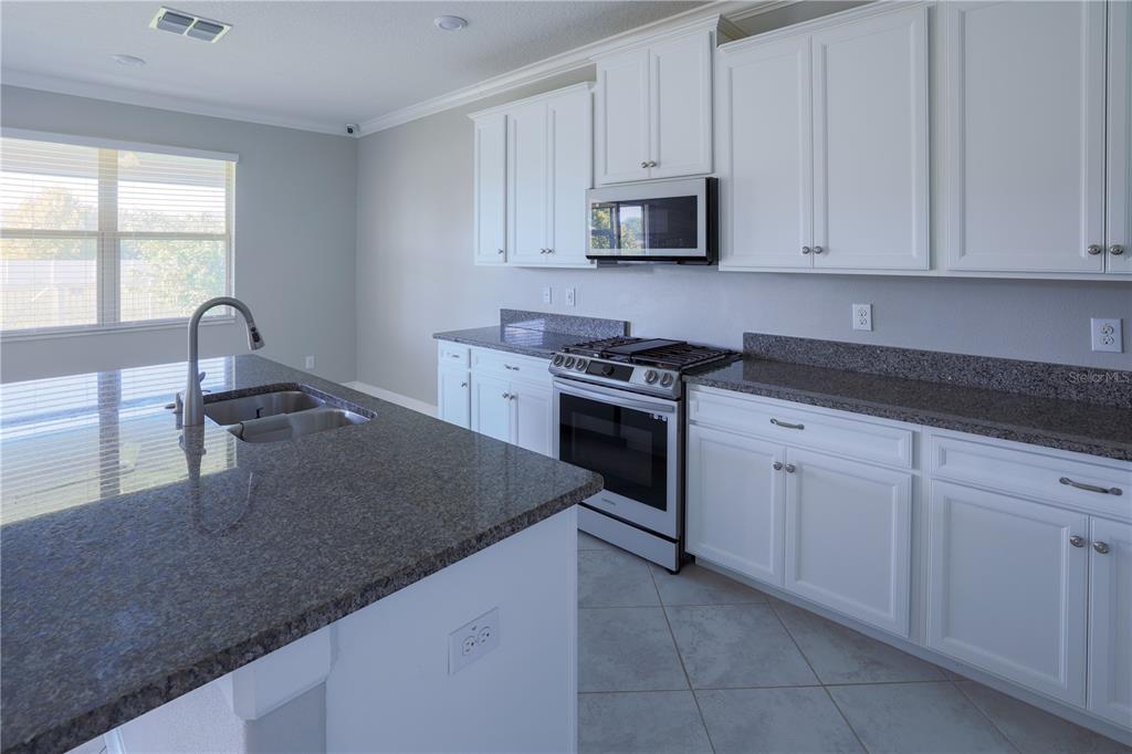 A kitchen features white cabinets, granite countertops, a stainless steel oven, and a center island — 24893 LAMBRUSCO LOOP, LUTZ, FL
