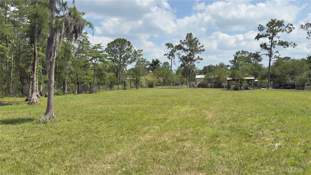 A large, grassy, open lot with scattered trees and a small wooden structure in back — 9460 ATLANTA DRIVE, ST CLOUD, FL