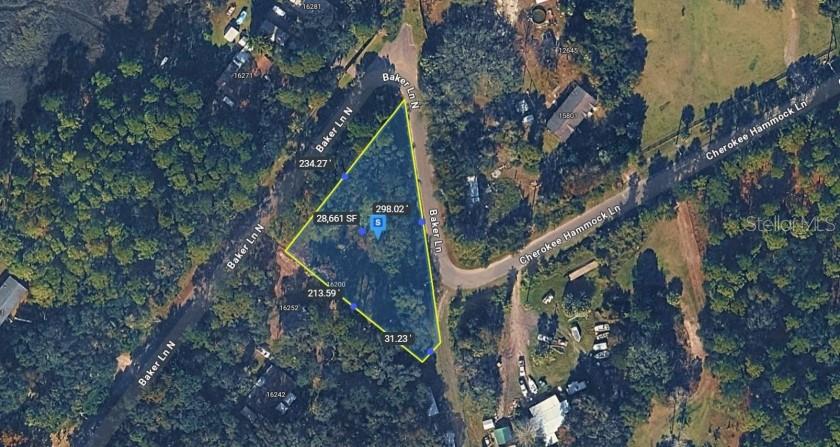 This is an aerial map showing the property boundaries and dimensions of a vacant lot — N BAKER LANE, JACKSONVILLE, FL