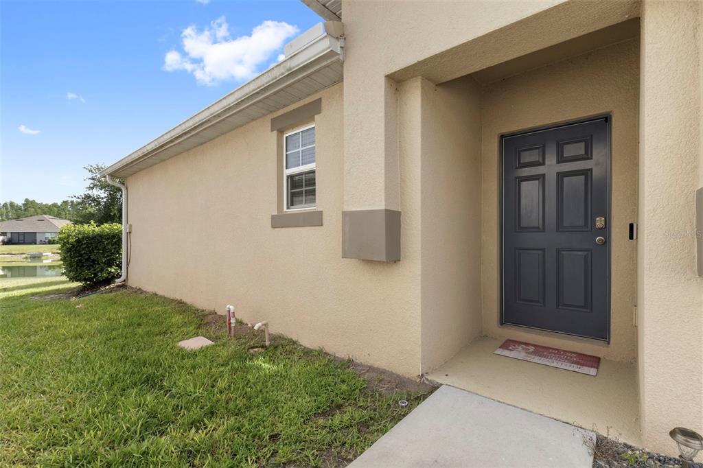A beige exterior wall with a dark gray front door and a small window — 17784 TURNING LEAF CIRCLE, LAND O LAKES, FL