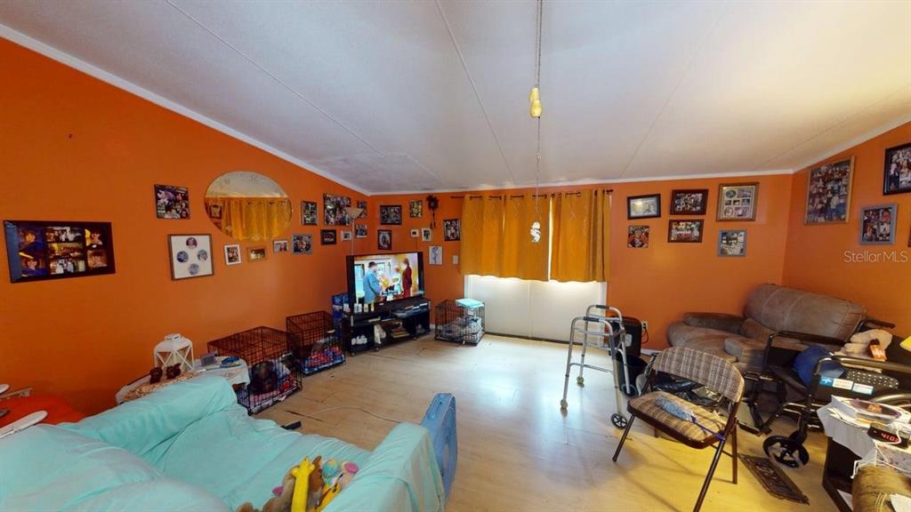 A living room with orange walls, a television, pet crates, and various mobility aids — 30501 CLEARVIEW DRIVE, WESLEY CHAPEL, FL