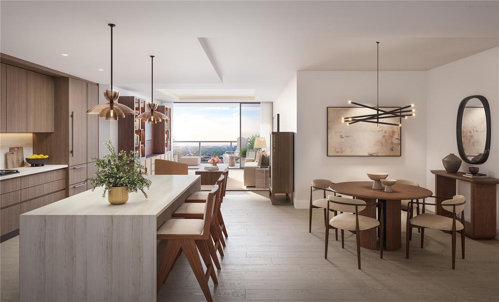 This rendering shows an open-concept kitchen and dining area with modern wood finishes and balcony — 111 S ASHLEY DRIVE UNIT 1501, TAMPA, FL