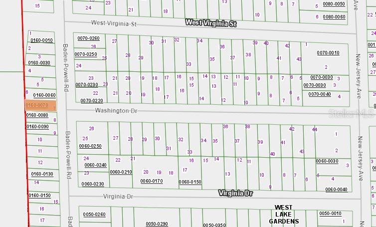 This is a plat map showing property lot lines and street names in a residential neighborhood — 467 BADEN POWELL ROAD, HAWTHORNE, FL