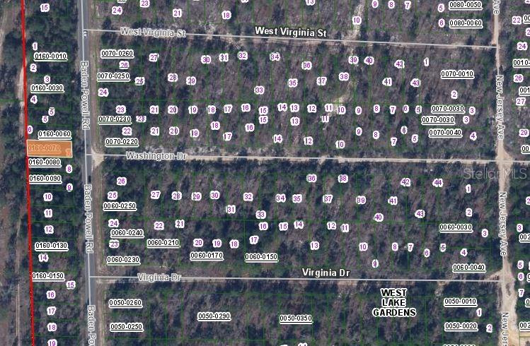 This is a satellite map showing residential land parcels and street layouts in a wooded area — 467 BADEN POWELL ROAD, HAWTHORNE, FL