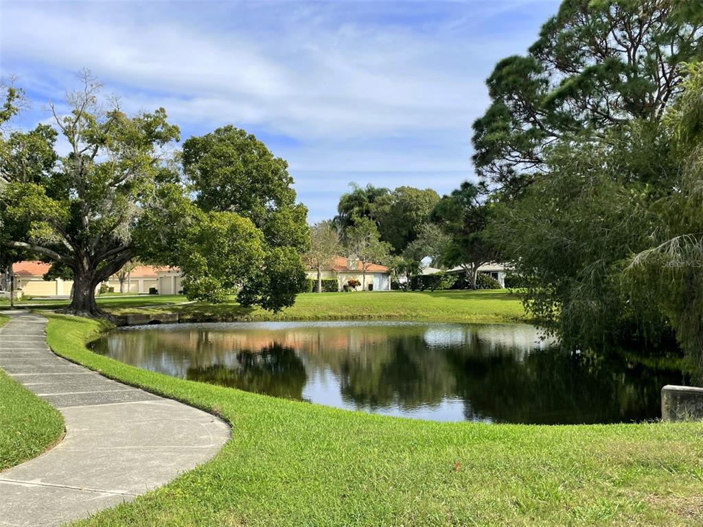 A concrete walkway curves along a grassy bank beside a small pond with surrounding trees — 4648 LONGWATER CHASE UNIT 99, SARASOTA, FL