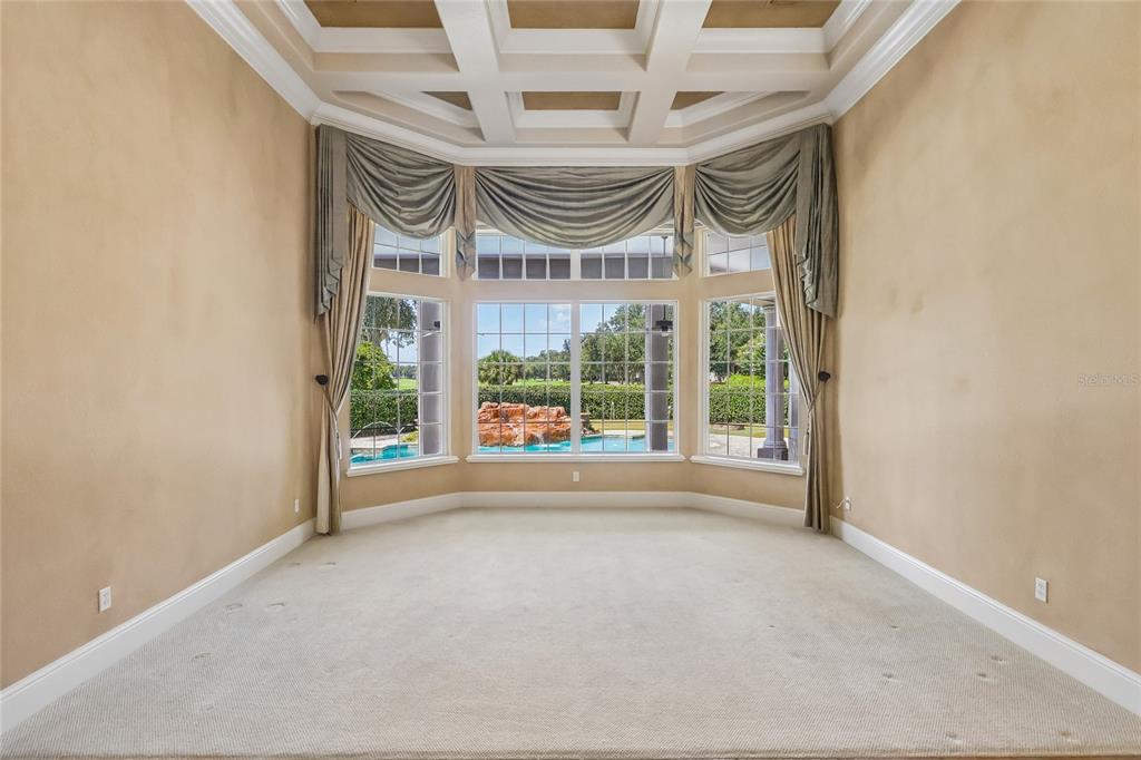 A carpeted room with a coffered ceiling and a large bay window overlooking a pool — 6102 S HAMPSHIRE CT, WINDERMERE, FL