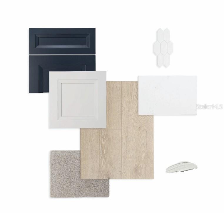 This digital rendering displays a selection of interior design finishes including cabinetry, flooring, and tile — 3219 VOYAGER AVENUE, ST CLOUD, FL
