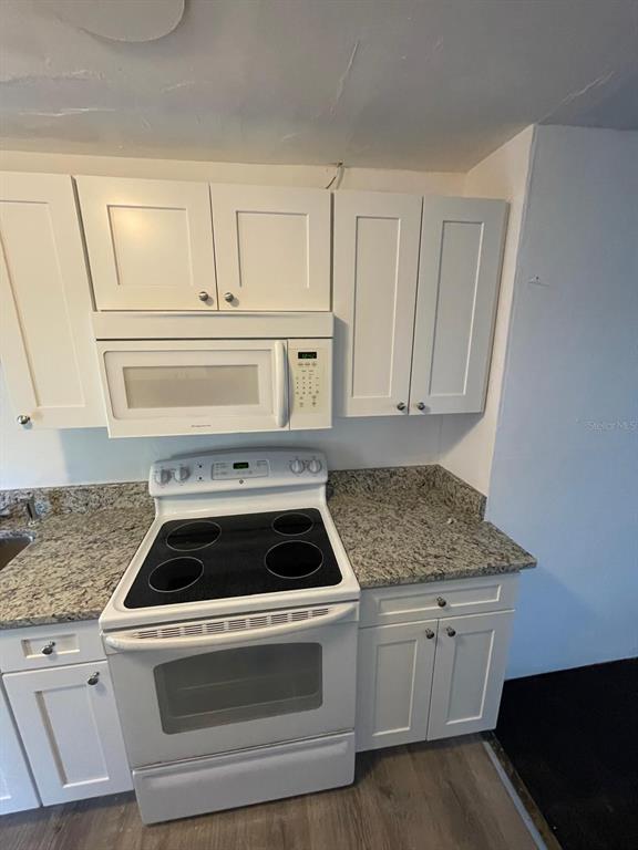 A kitchen features white cabinets, a white electric range, a microwave, and granite countertops — 1142 BERKSHIRE ROAD, DAYTONA BEACH, FL